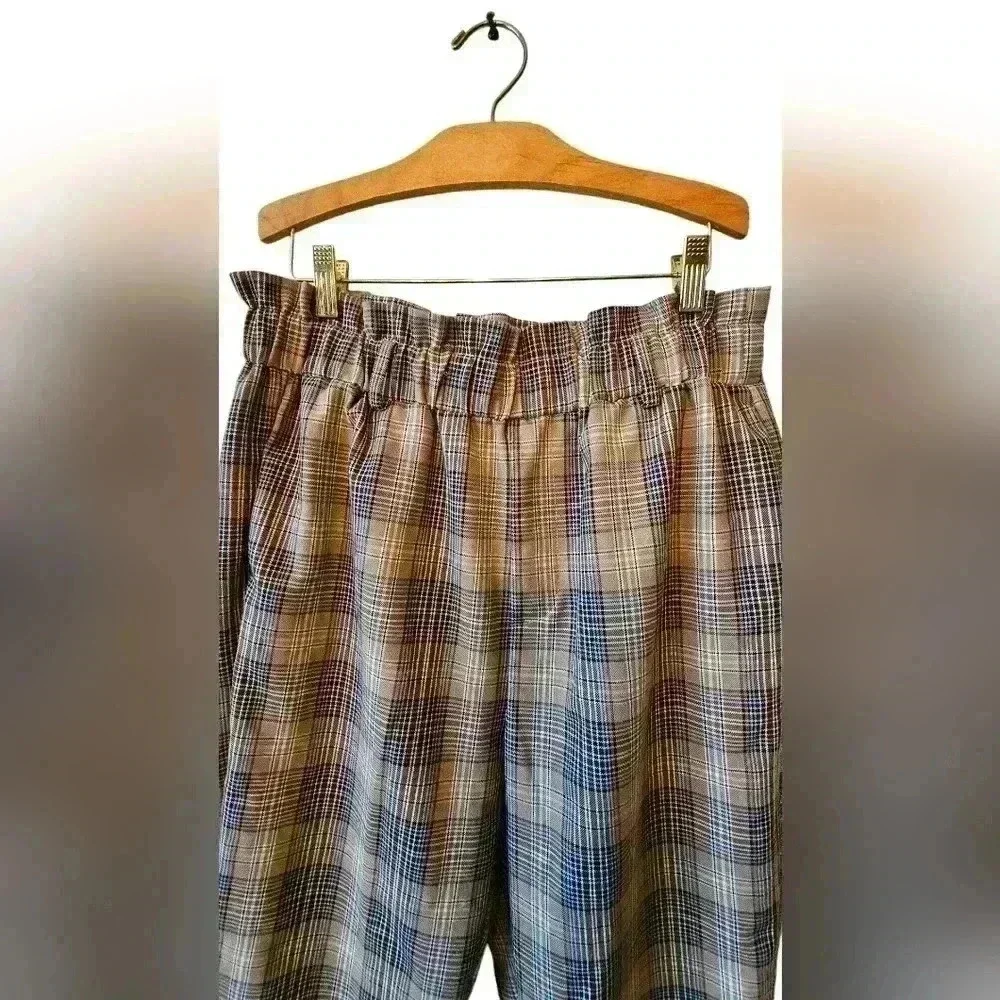 LUMIERE Womens Pants Ruffled Elastic Waist Cuffed Trousers Plaid Sz Large - Picture 3 of 7